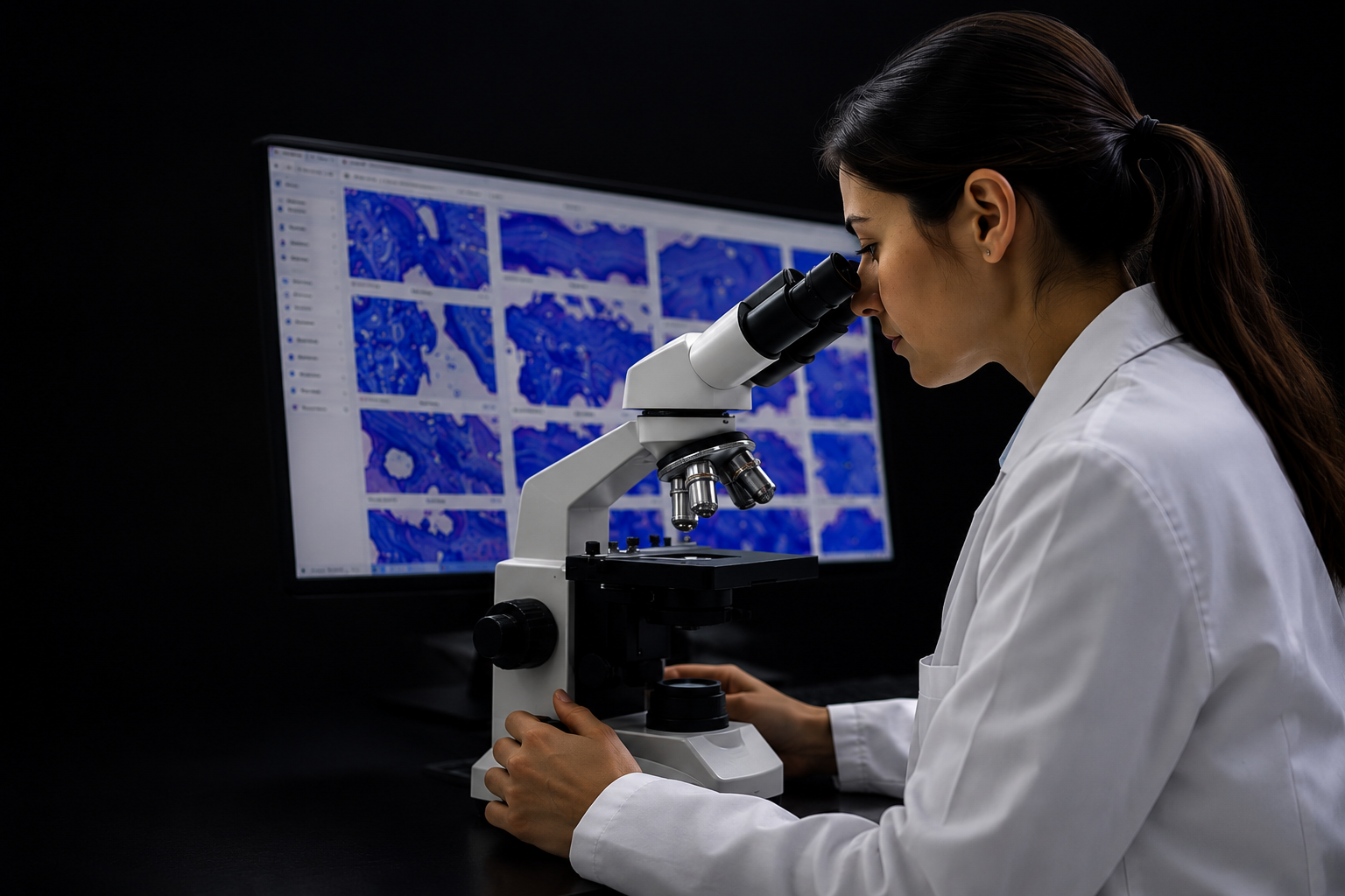 Reader examining slides under microscope